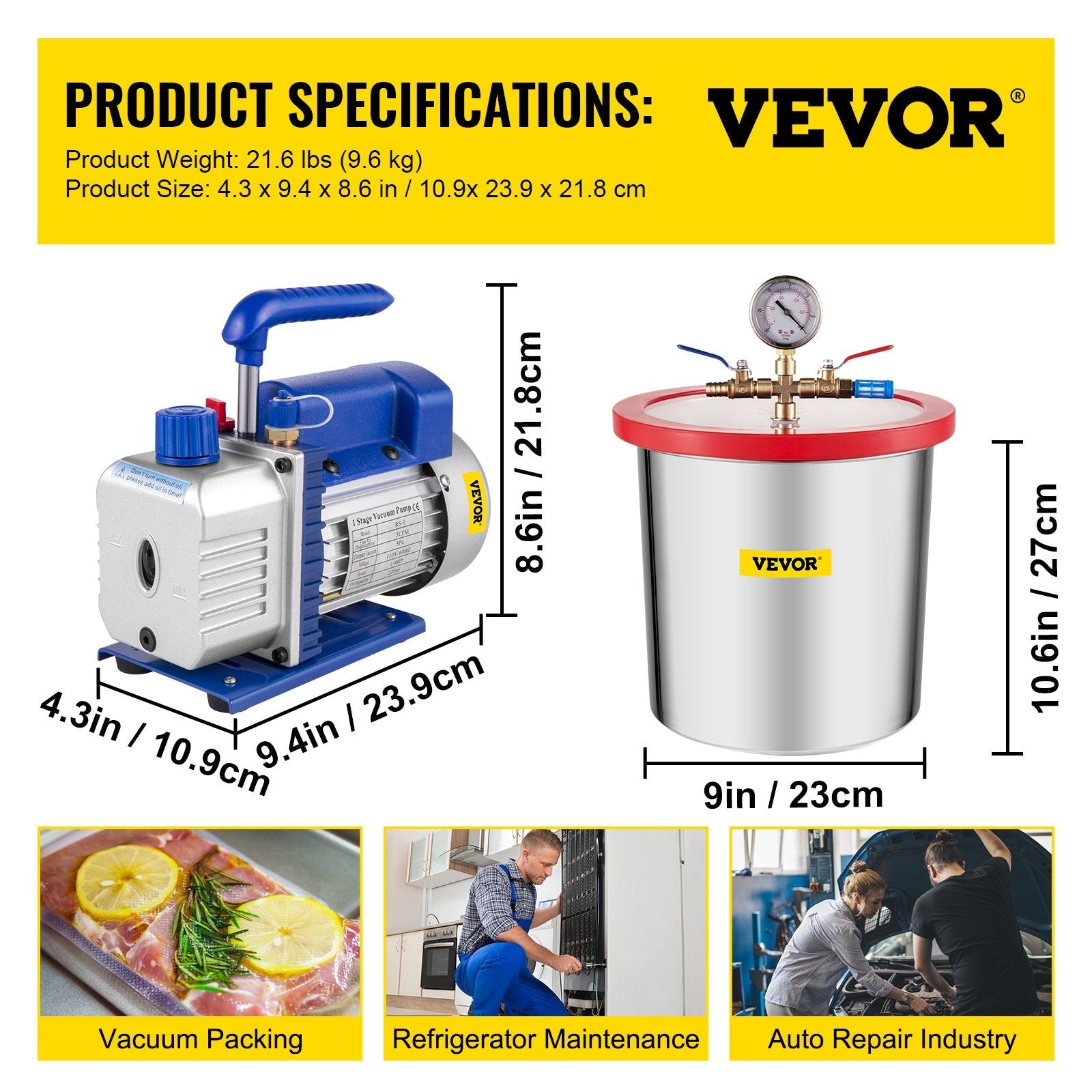 VEVOR 3 CFM Vacuum Pump 1/4 HP with 3 Gallon Stainless Steel Vacuum Degassing Chamber Kit Air Vacuum Pump HVAC Refrigeration Tool 