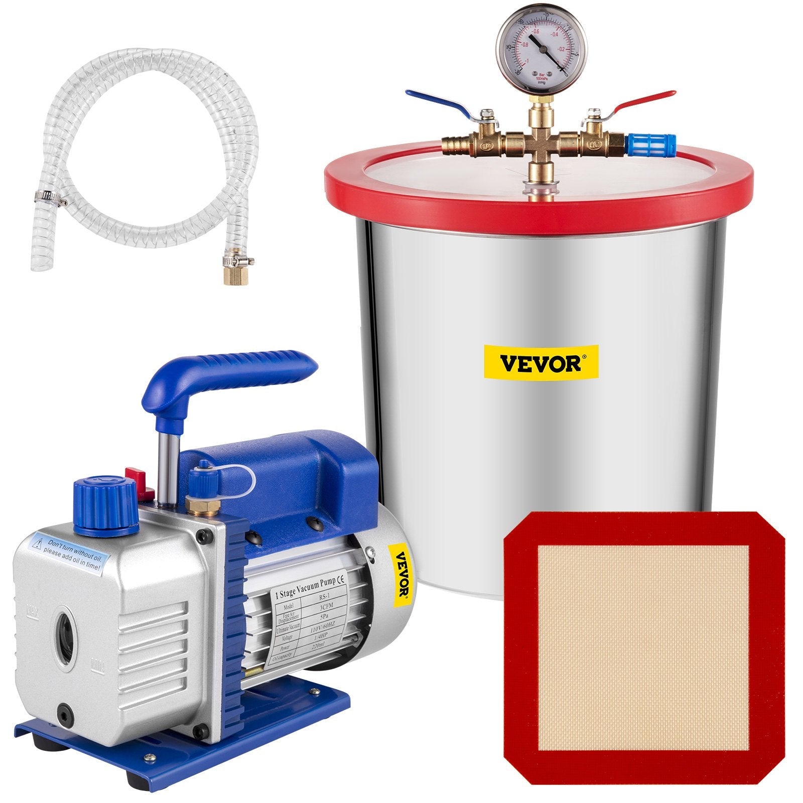 VEVOR 3 CFM Vacuum Pump 1/4 HP with 3 Gallon Stainless Steel Vacuum Degassing Chamber Kit Air Vacuum Pump HVAC Refrigeration Tool 