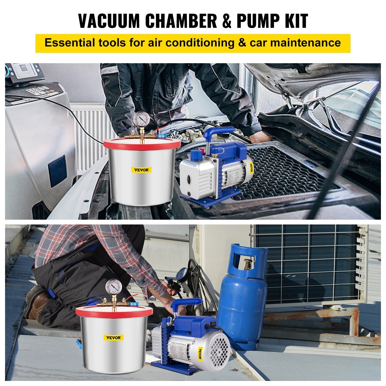 VEVOR Vacuum Pump 2 Gallon Vacuum Chamber Silicone Expoxy Degassing with 4CFM 1/3HP Single Stage Vacuum Pump 