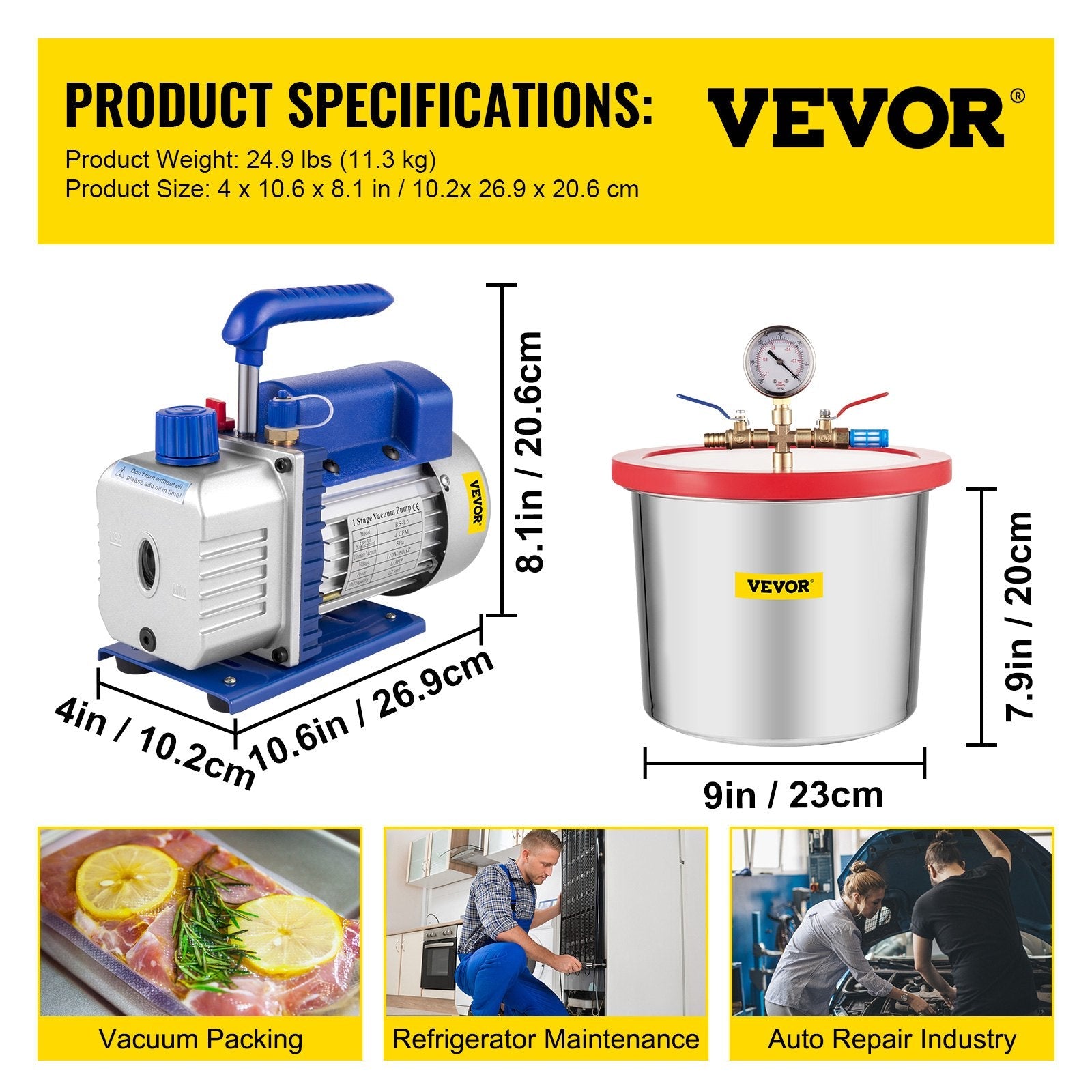 VEVOR Vacuum Pump 2 Gallon Vacuum Chamber Silicone Expoxy Degassing with 4CFM 1/3HP Single Stage Vacuum Pump 