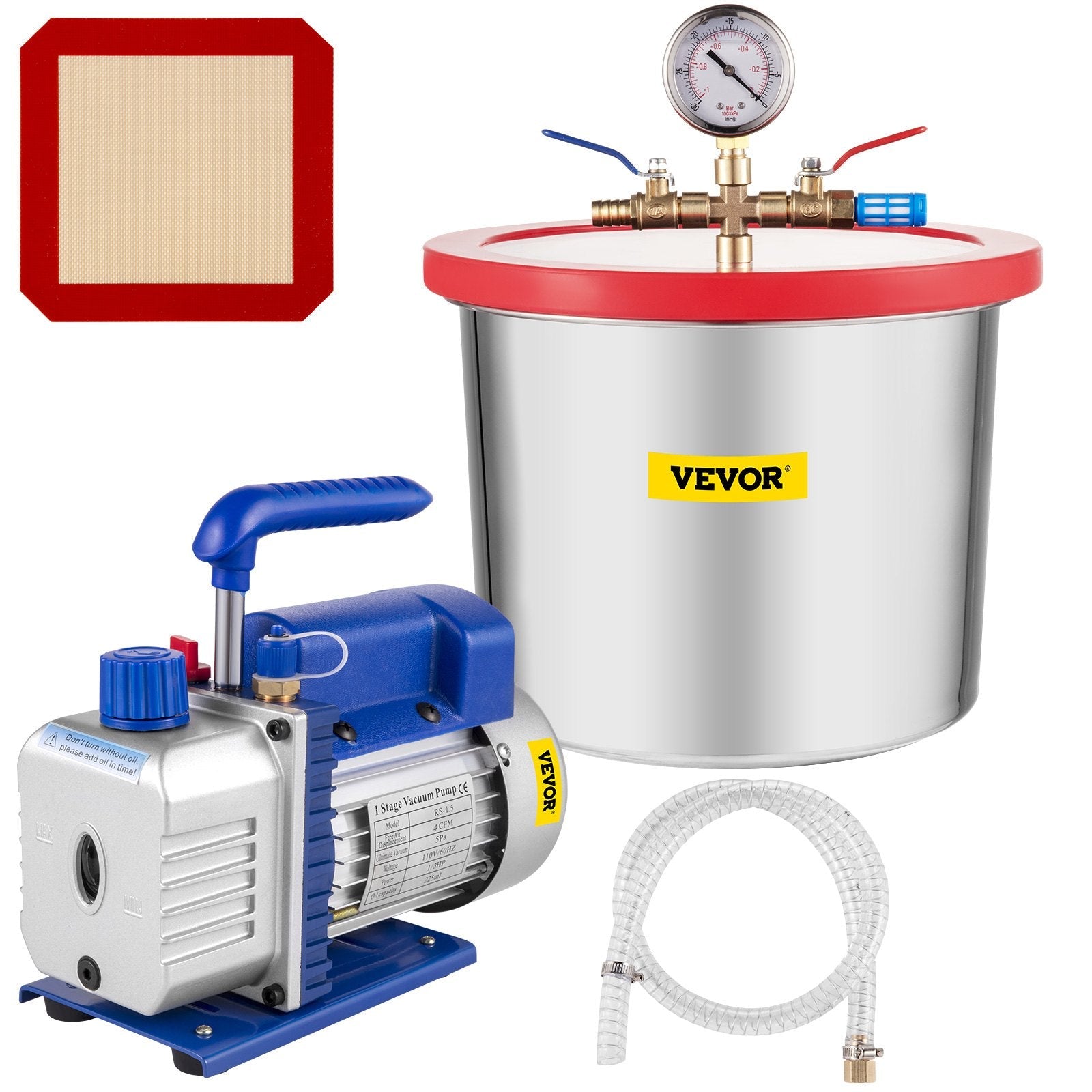 VEVOR Vacuum Pump 2 Gallon Vacuum Chamber Silicone Expoxy Degassing with 4CFM 1/3HP Single Stage Vacuum Pump 