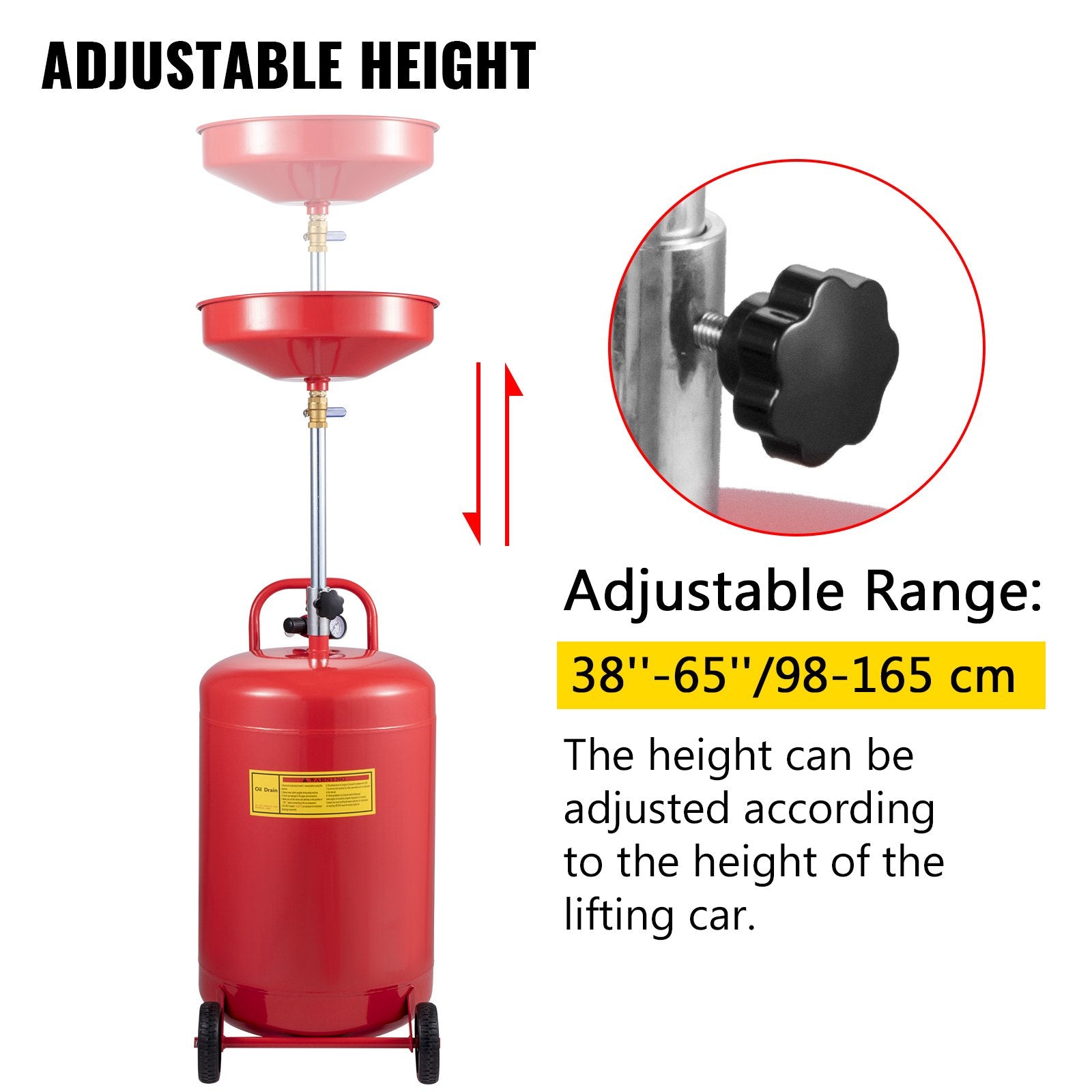 VEVOR Waste Oil Drain Tank 20 Gallon Portable Oil Drain Air Operated Drainer Oil Change, Oil Drain Container, Fluid Fuel Transfer Drainage Adjustable Funnel Height, with Pressure Regulating Valve 
