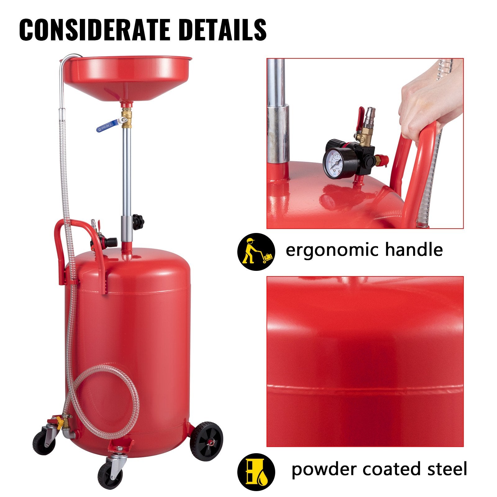 VEVOR Waste Oil Drain Tank 20 Gallon Portable Oil Drain Air Operated Drainer Oil Change, Oil Drain Container, Fluid Fuel Transfer Drainage Adjustable Funnel Height, with Pressure Regulating Valve 