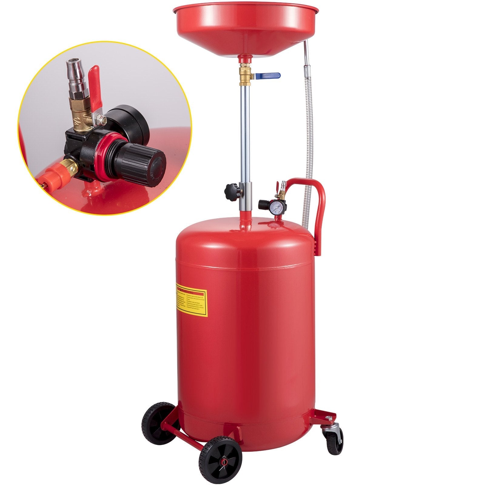 VEVOR Waste Oil Drain Tank 20 Gallon Portable Oil Drain Air Operated Drainer Oil Change, Oil Drain Container, Fluid Fuel Transfer Drainage Adjustable Funnel Height, with Pressure Regulating Valve 