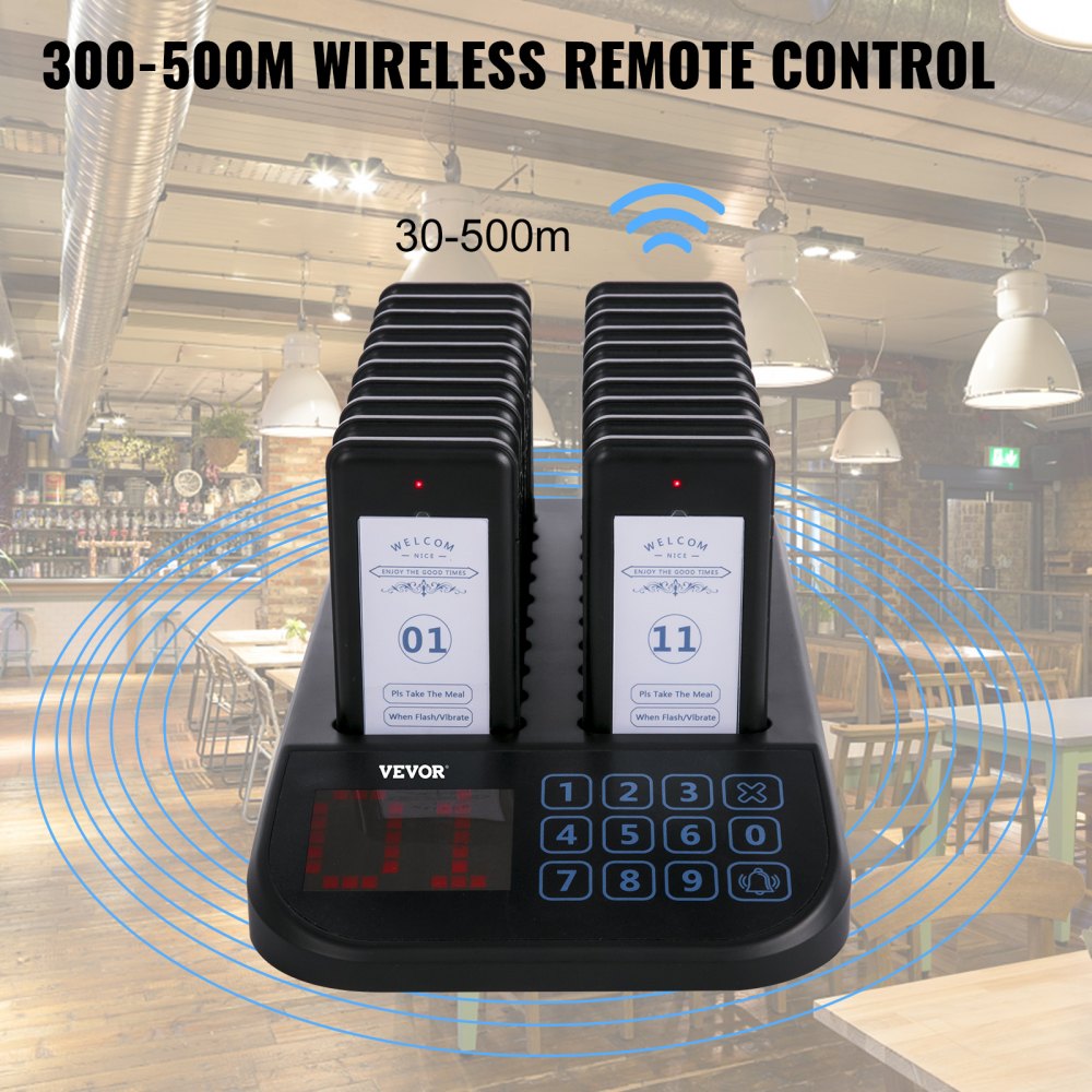VEVOR F103 Restaurant Pager System 20 Pagers, Max 98 Beepers Wireless Calling System, Touch Keyboard with Vibration, Flashing and Buzzer for Church, Nurse,Hospital & Hotel 