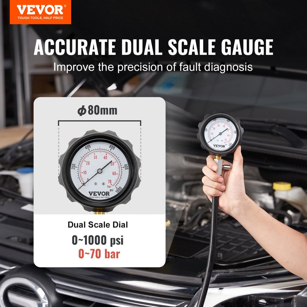 VEVOR Diesel Engine Compression Tester, 18 pcs Cylinder Pressure Test Tool Kit, with 0-1000 psi Gauge and Adapters, Diesel Injector Tester Check Cylinders in Diesel Trucks, Tractors, Equipment 
