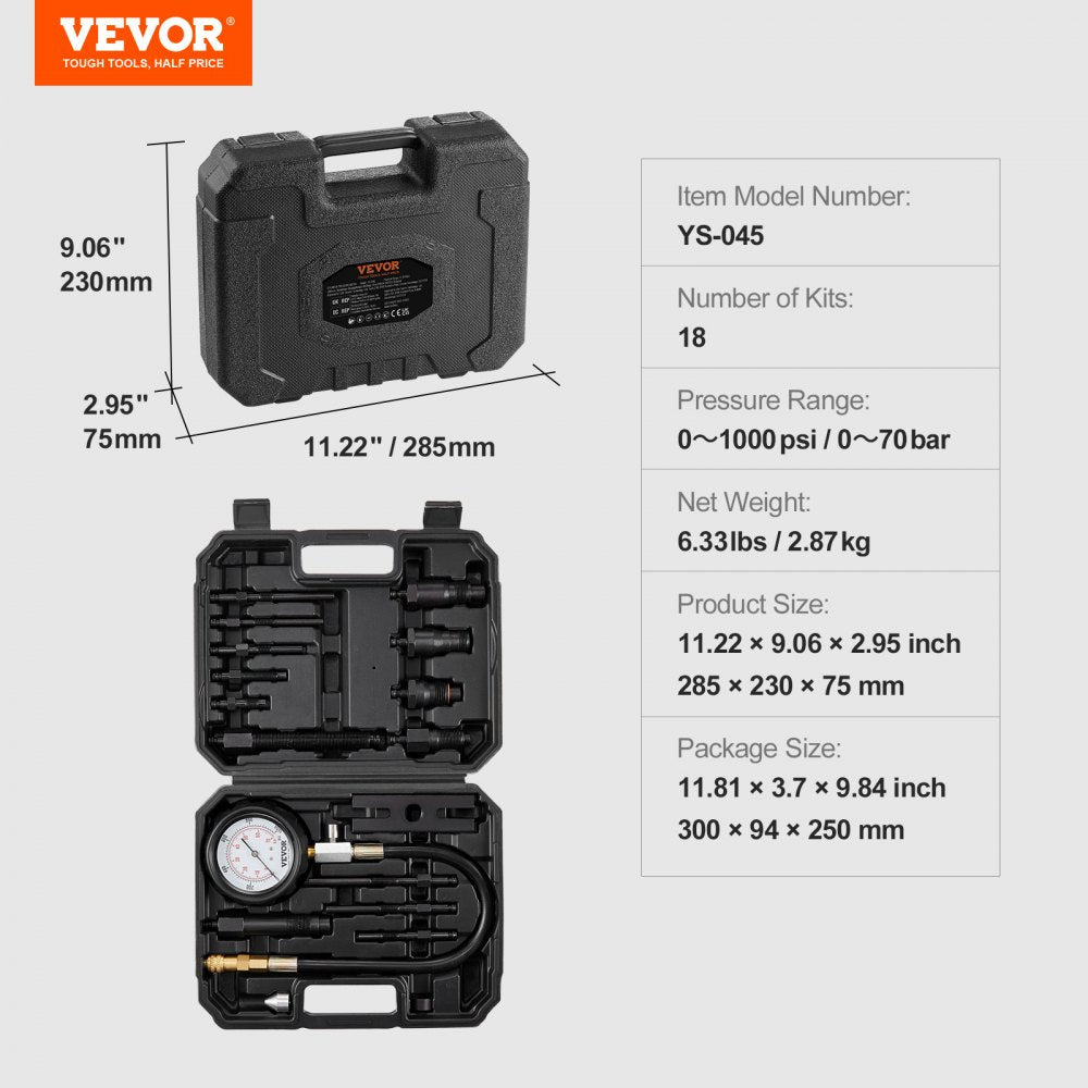 VEVOR Diesel Engine Compression Tester, 18 pcs Cylinder Pressure Test Tool Kit, with 0-1000 psi Gauge and Adapters, Diesel Injector Tester Check Cylinders in Diesel Trucks, Tractors, Equipment 