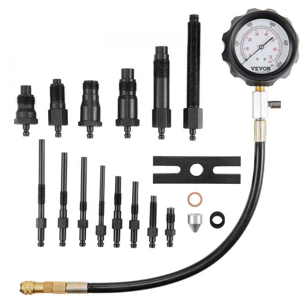 VEVOR Diesel Engine Compression Tester, 18 pcs Cylinder Pressure Test Tool Kit, with 0-1000 psi Gauge and Adapters, Diesel Injector Tester Check Cylinders in Diesel Trucks, Tractors, Equipment 