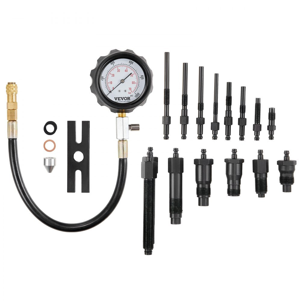 VEVOR Diesel Engine Compression Tester, 18 pcs Cylinder Pressure Test Tool Kit, with 0-1000 psi Gauge and Adapters, Diesel Injector Tester Check Cylinders in Diesel Trucks, Tractors, Equipment 