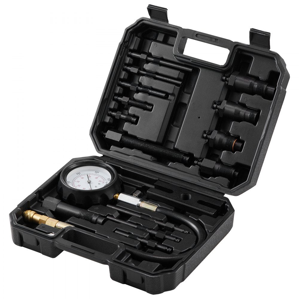 VEVOR Diesel Engine Compression Tester, 18 pcs Cylinder Pressure Test Tool Kit, with 0-1000 psi Gauge and Adapters, Diesel Injector Tester Check Cylinders in Diesel Trucks, Tractors, Equipment 