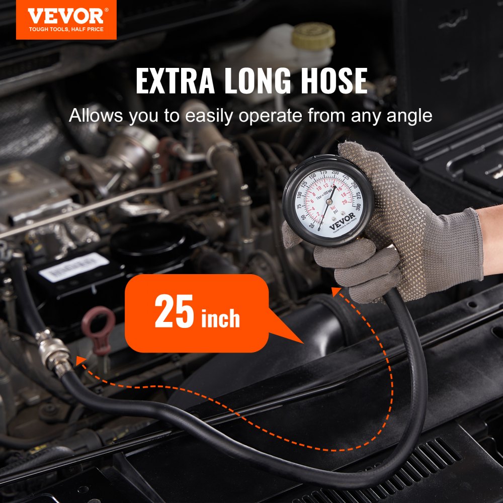 VEVOR Compression Tester Adapter Kit, 9 Pcs Automotive Engine Cylinder Leak Down Compression Test, Accurate Dual Scale Pressure Gauge 0-300 psi, with Long Reach Hoses and Case for Engine Cylinders 