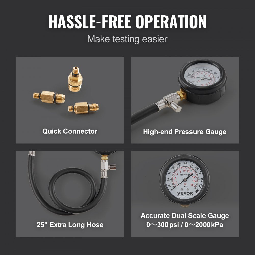 VEVOR Compression Tester Adapter Kit, 9 Pcs Automotive Engine Cylinder Leak Down Compression Test, Accurate Dual Scale Pressure Gauge 0-300 psi, with Long Reach Hoses and Case for Engine Cylinders 