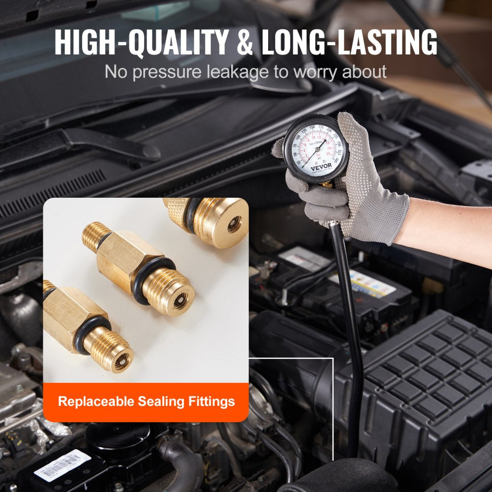 VEVOR Compression Tester Adapter Kit, 9 Pcs Automotive Engine Cylinder Leak Down Compression Test, Accurate Dual Scale Pressure Gauge 0-300 psi, with Long Reach Hoses and Case for Engine Cylinders 