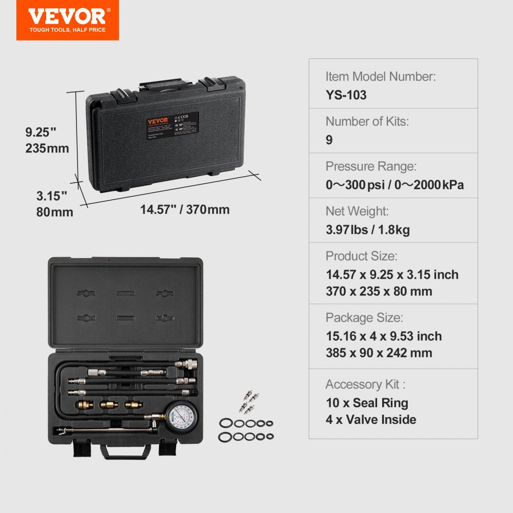 VEVOR Compression Tester Adapter Kit, 9 Pcs Automotive Engine Cylinder Leak Down Compression Test, Accurate Dual Scale Pressure Gauge 0-300 psi, with Long Reach Hoses and Case for Engine Cylinders 