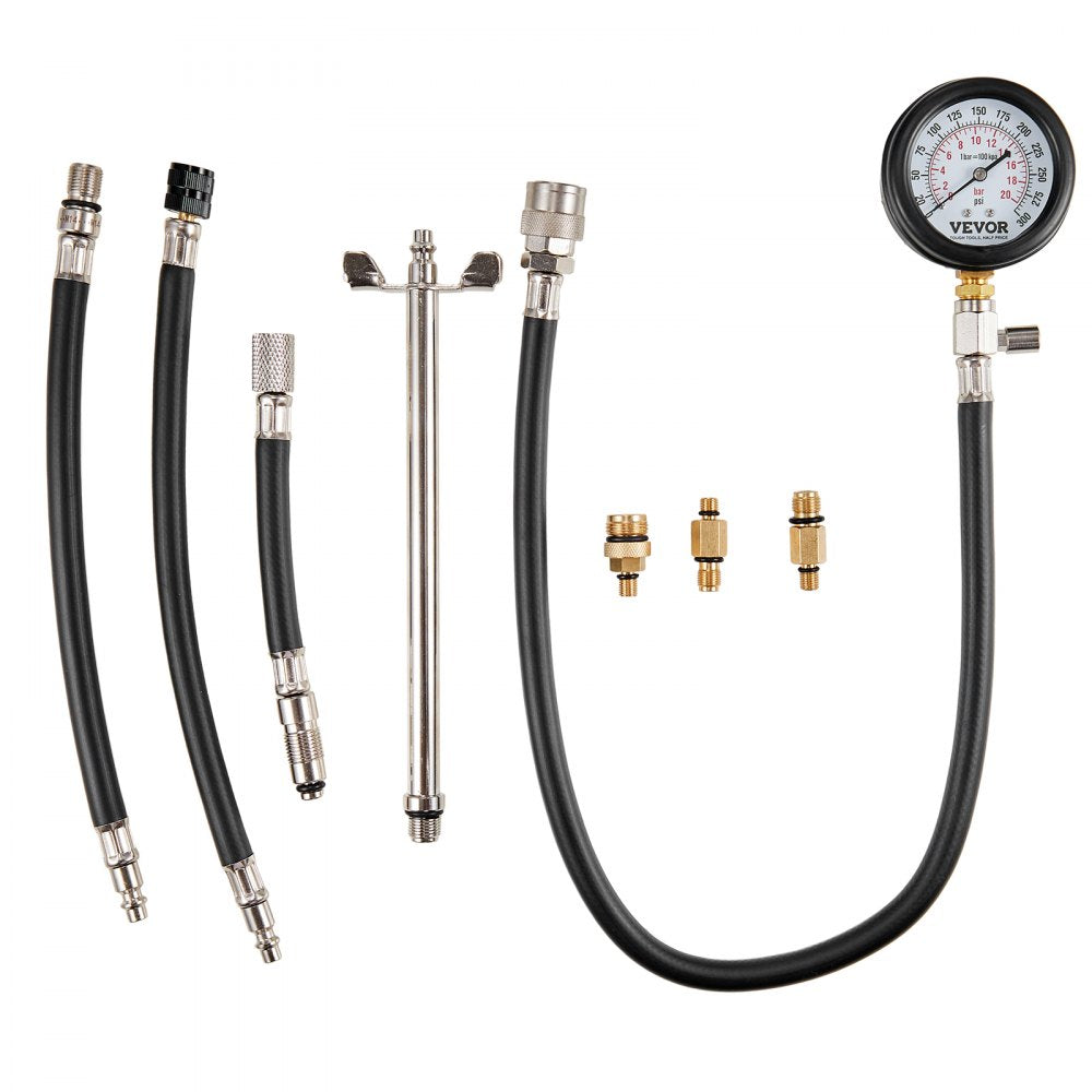 VEVOR Compression Tester Adapter Kit, 9 Pcs Automotive Engine Cylinder Leak Down Compression Test, Accurate Dual Scale Pressure Gauge 0-300 psi, with Long Reach Hoses and Case for Engine Cylinders 