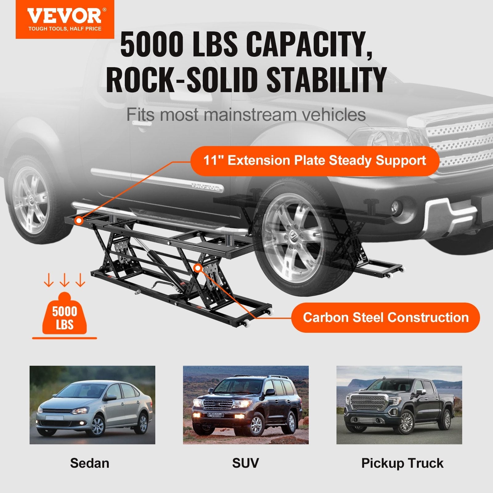 VEVOR Car Lift, 5,000 LBS Capacity Portable Car Lift, with Extended-Length Plates, 25.6" Max. Height, Heavy-duty Carbon Steel Truck Lift with Power Unit, Auto Car Jack Lifts for Home Garage Shop 