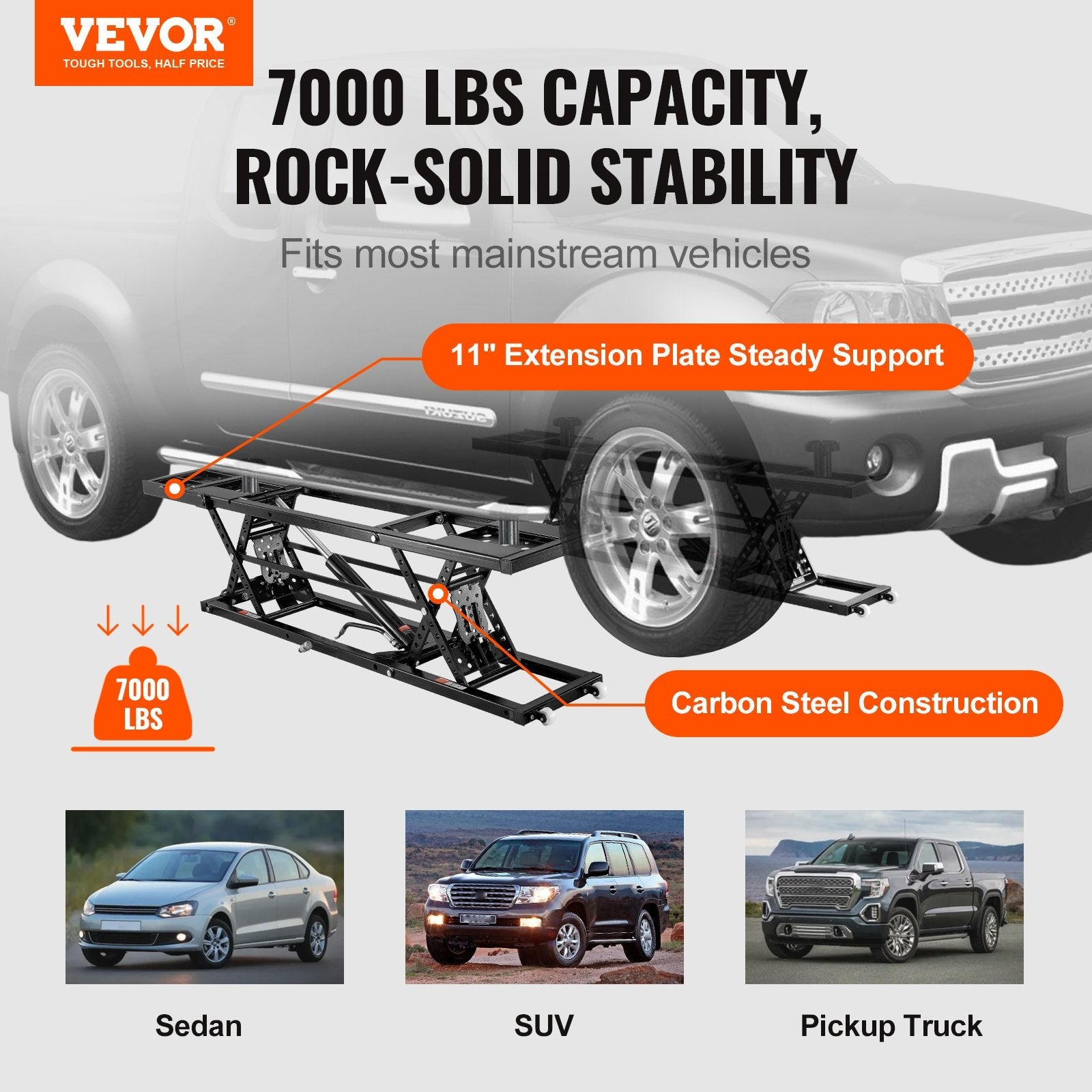 VEVOR Car Lift, 7,000 LBS Capacity Portable Car Lift, with Extended-Length Plates, 26.8" Max. Height, Heavy-duty Carbon Steel Truck Lift with Power Unit, Auto Car Jack Lifts for Home Garage Shop 