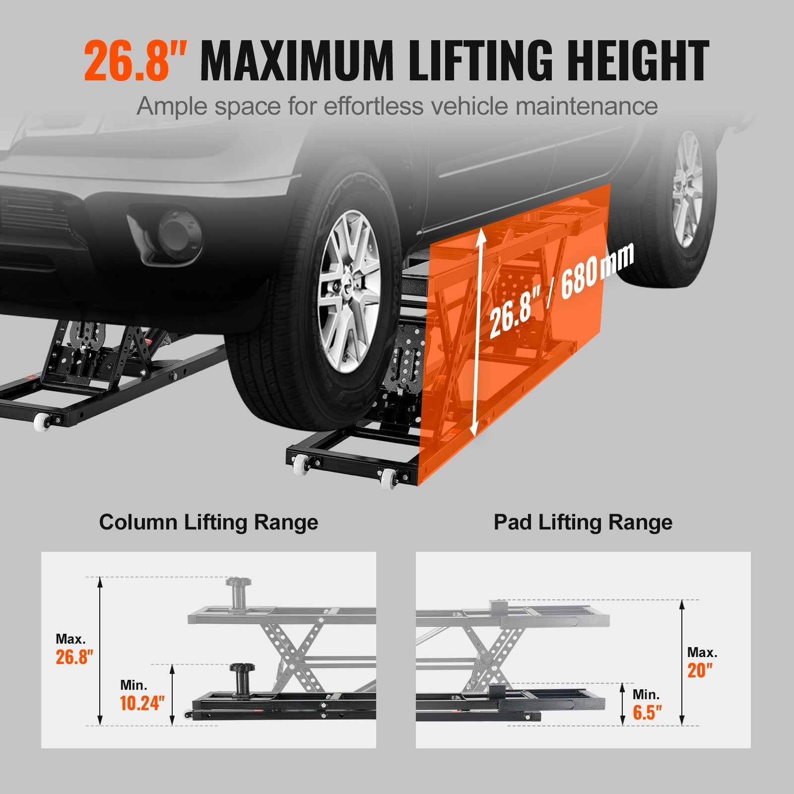 VEVOR Car Lift, 7,000 LBS Capacity Portable Car Lift, with Extended-Length Plates, 26.8" Max. Height, Heavy-duty Carbon Steel Truck Lift with Power Unit, Auto Car Jack Lifts for Home Garage Shop 