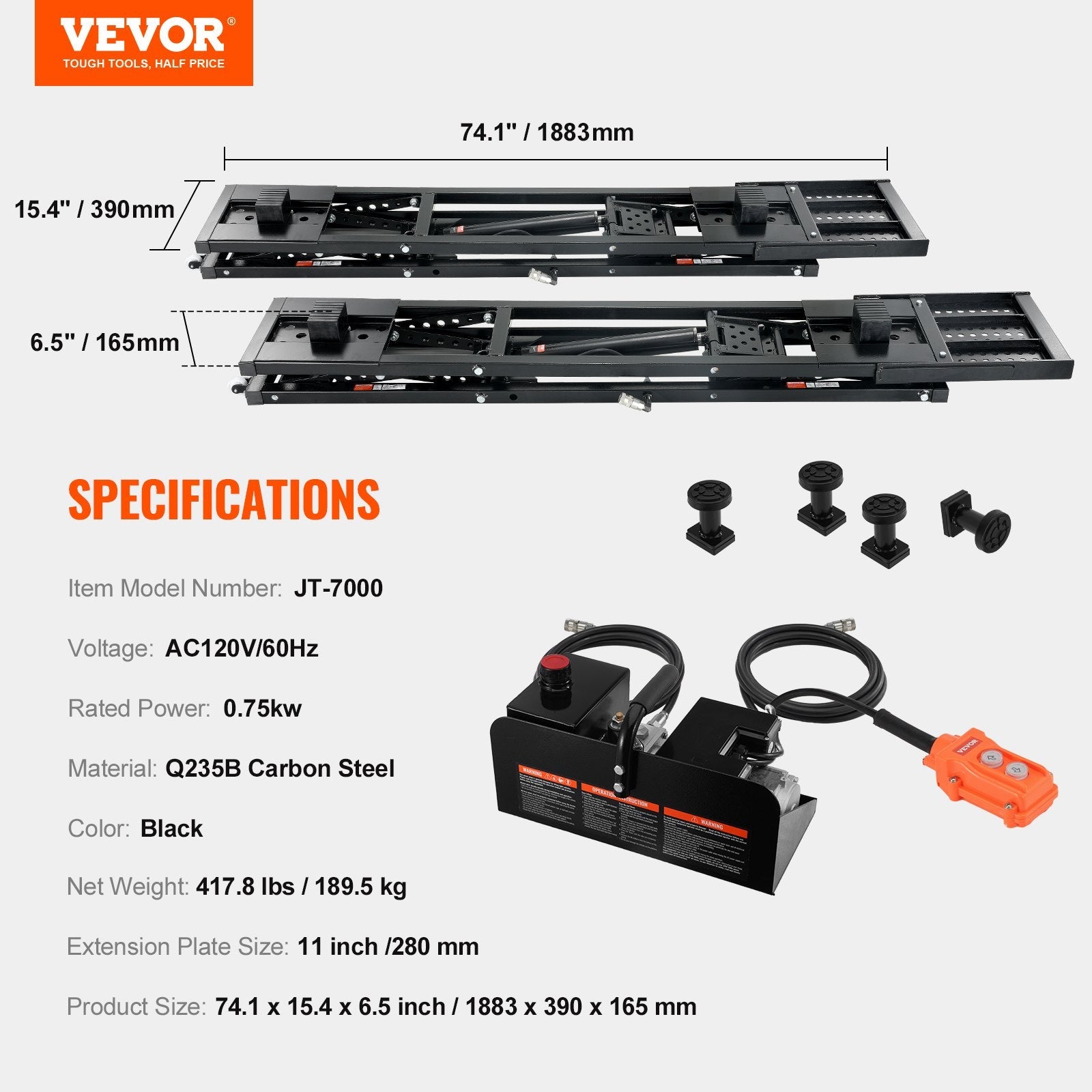 VEVOR Car Lift, 7,000 LBS Capacity Portable Car Lift, with Extended-Length Plates, 26.8" Max. Height, Heavy-duty Carbon Steel Truck Lift with Power Unit, Auto Car Jack Lifts for Home Garage Shop 