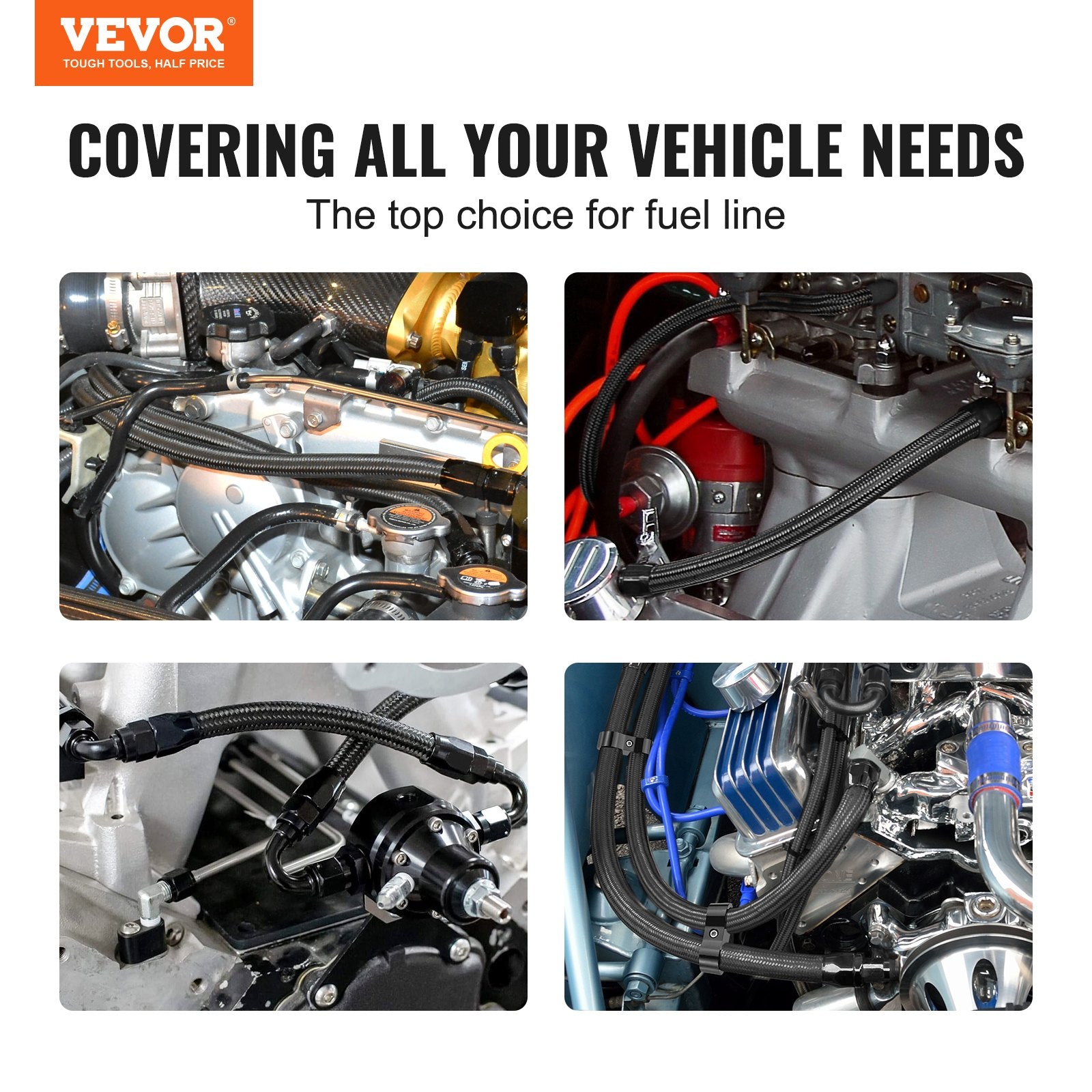 VEVOR 10AN Fuel Line Kit, 10 FT Fuel Hose Kit, 0.55" Nylon Stainless Steel Braided Fuel Line Oil/Gas/Diesel Hose End Fitting Kit, with 7 PCS Swivel Fitting Adapter Kit, Black 