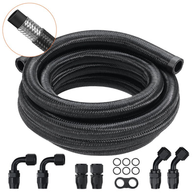 VEVOR 10AN Fuel Line Kit, 10 FT Fuel Hose Kit, 0.55" Nylon Stainless Steel Braided Fuel Line Oil/Gas/Diesel Hose End Fitting Kit, with 7 PCS Swivel Fitting Adapter Kit, Black 