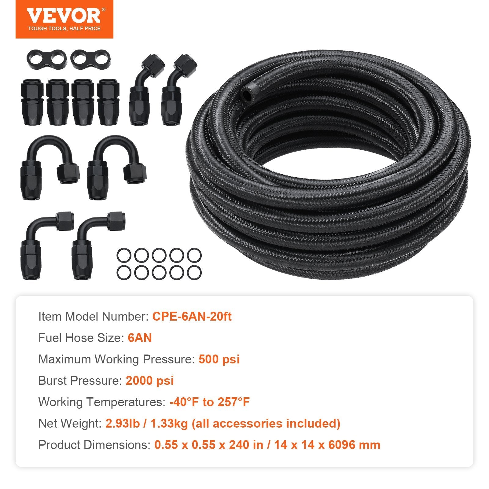VEVOR 6AN Fuel Line Kit, 20 FT Fuel Hose Kit, 0.34" Nylon Stainless Steel Braided Fuel Line Oil/Gas/Diesel Hose End Fitting Kit, with 12 PCS Swivel Fitting Adapter Kit, Black 
