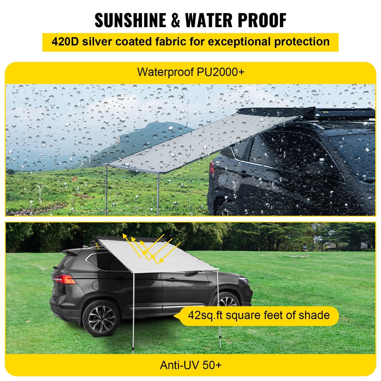 VEVOR Car Awning, 6.5'x6.5' Vehicle Awning, Pull-Out Retractable Awning Rooftop, Waterproof UV50+ Car Side Awning, Telescoping Poles Trailer Tent Shade w/Carry Bag for SUV Outdoor Camping Travel, Grey 