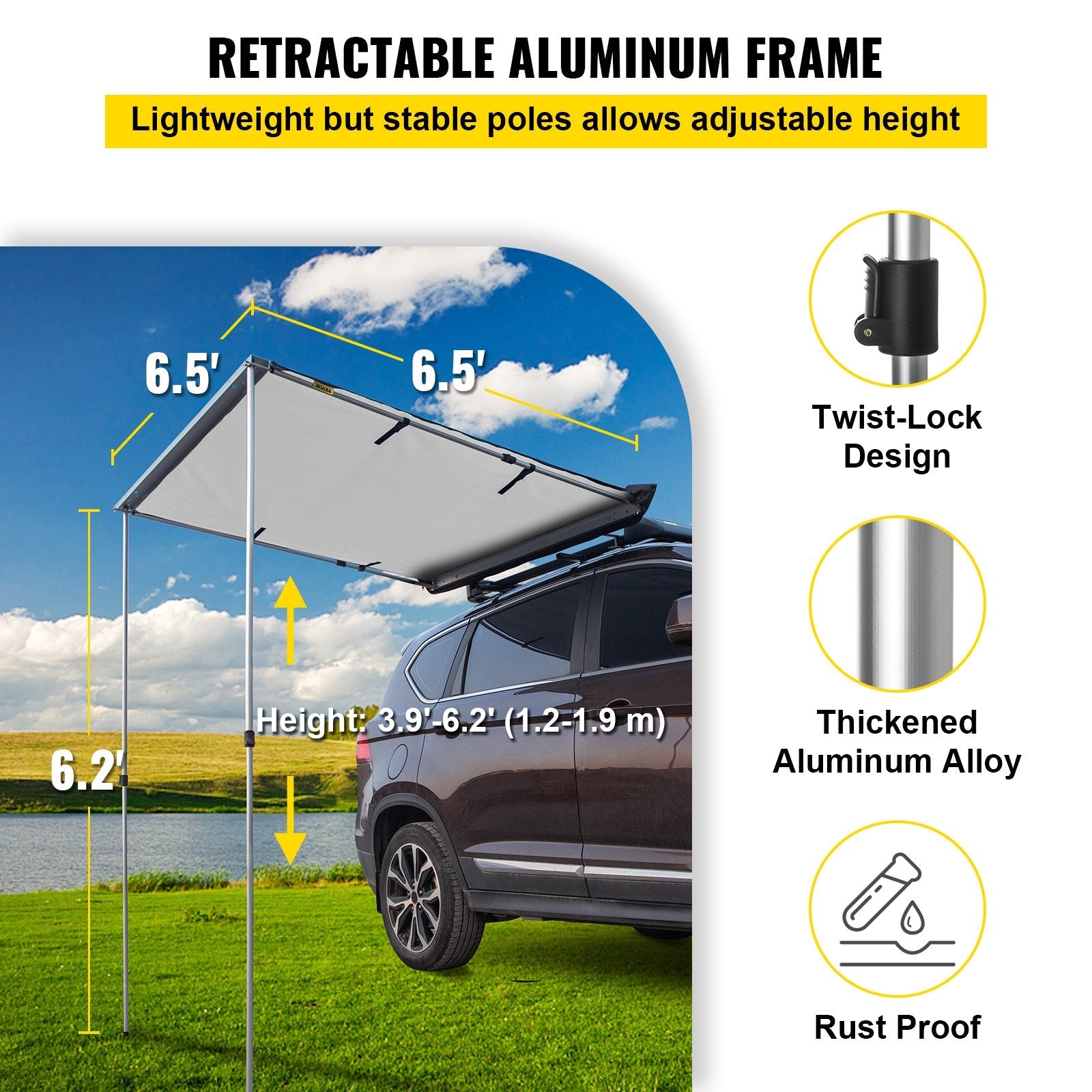 VEVOR Car Awning, 6.5'x6.5' Vehicle Awning, Pull-Out Retractable Awning Rooftop, Waterproof UV50+ Car Side Awning, Telescoping Poles Trailer Tent Shade w/Carry Bag for SUV Outdoor Camping Travel, Grey 