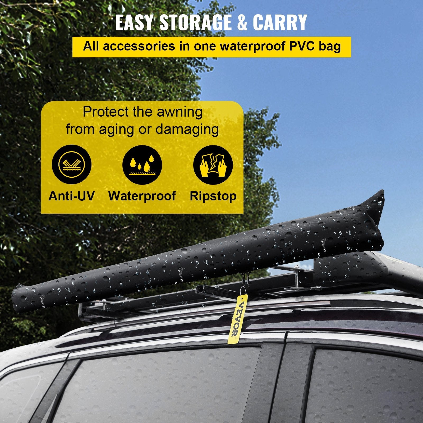 VEVOR Car Awning, 6.5'x6.5' Vehicle Awning, Pull-Out Retractable Awning Rooftop, Waterproof UV50+ Car Side Awning, Telescoping Poles Trailer Tent Shade w/Carry Bag for SUV Outdoor Camping Travel, Grey 