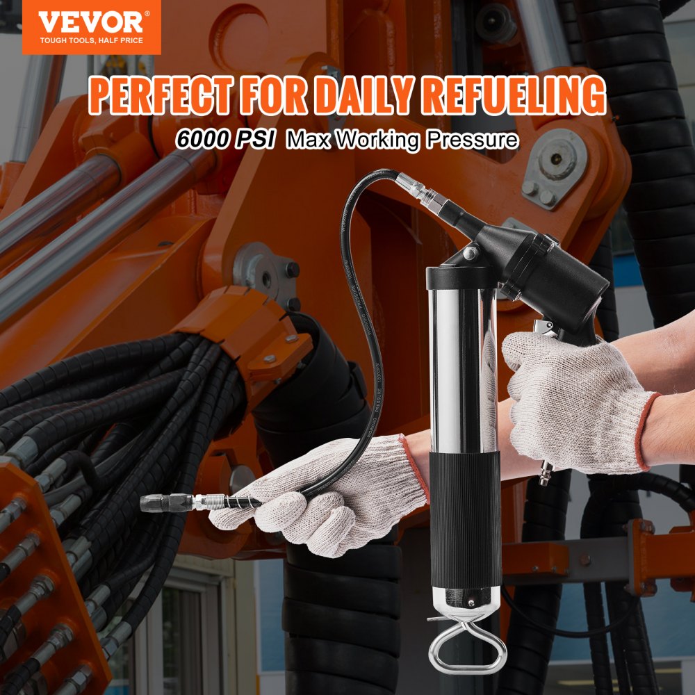 VEVOR Air Operated Grease Gun, 6000PSI, 14 OZ/400 CC Capacity Heavy Duty Pneumatic Grease Gun, with 18.5 Inch Flexible Hose, 1 Black Flat Coupler Pointed Coupler Bent Metal Pipe Locking Clamp Coupler 