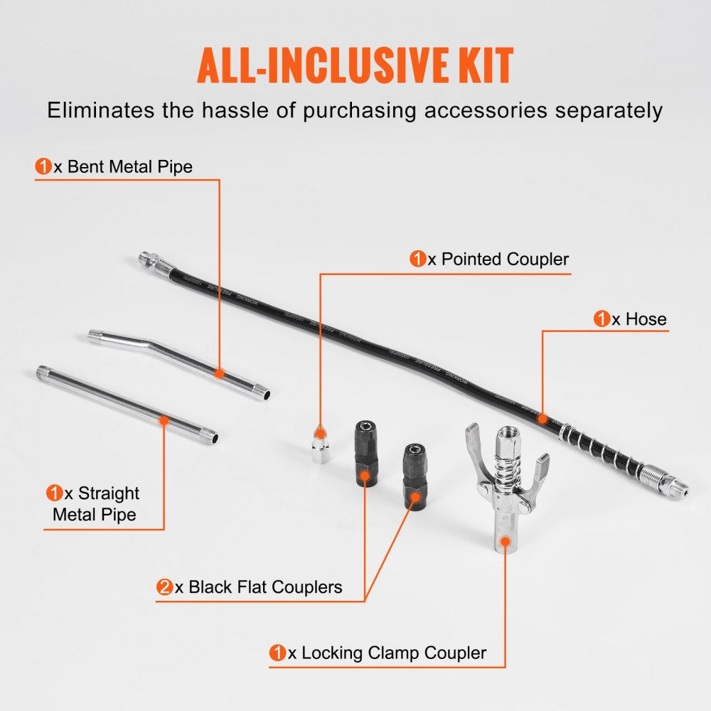 VEVOR Air Operated Grease Gun, 6000PSI, 14 OZ/400 CC Capacity Heavy Duty Pneumatic Grease Gun, with 18.5 Inch Flexible Hose, 1 Black Flat Coupler Pointed Coupler Bent Metal Pipe Locking Clamp Coupler 