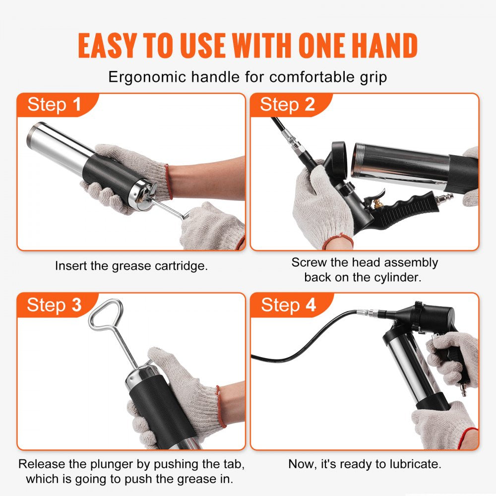 VEVOR Air Operated Grease Gun, 6000PSI, 14 OZ/400 CC Capacity Heavy Duty Pneumatic Grease Gun, with 18.5 Inch Flexible Hose, 1 Black Flat Coupler Pointed Coupler Bent Metal Pipe Locking Clamp Coupler 
