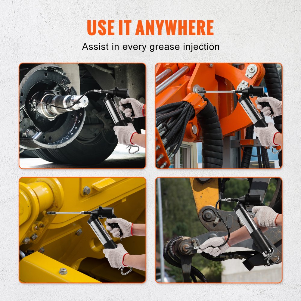 VEVOR Air Operated Grease Gun, 6000PSI, 14 OZ/400 CC Capacity Heavy Duty Pneumatic Grease Gun, with 18.5 Inch Flexible Hose, 1 Black Flat Coupler Pointed Coupler Bent Metal Pipe Locking Clamp Coupler 
