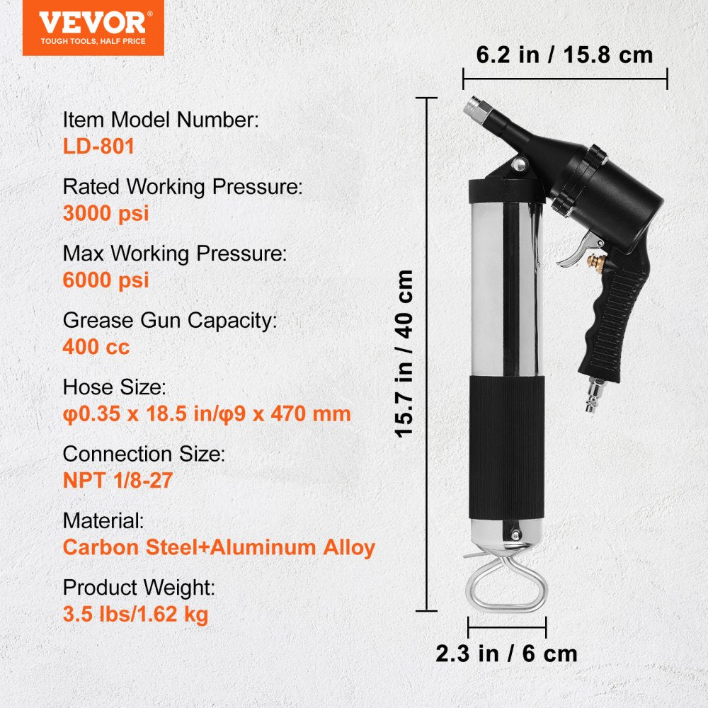 VEVOR Air Operated Grease Gun, 6000PSI, 14 OZ/400 CC Capacity Heavy Duty Pneumatic Grease Gun, with 18.5 Inch Flexible Hose, 1 Black Flat Coupler Pointed Coupler Bent Metal Pipe Locking Clamp Coupler 