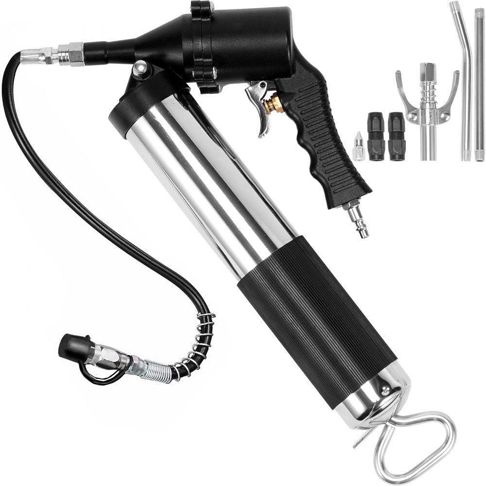 VEVOR Air Operated Grease Gun, 6000PSI, 14 OZ/400 CC Capacity Heavy Duty Pneumatic Grease Gun, with 18.5 Inch Flexible Hose, 1 Black Flat Coupler Pointed Coupler Bent Metal Pipe Locking Clamp Coupler 