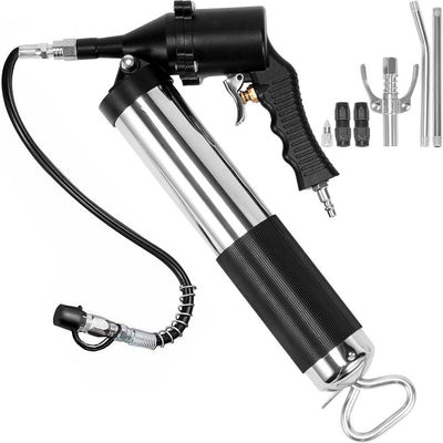 VEVOR Air Operated Grease Gun, 6000PSI, 14 OZ/400 CC Capacity Heavy Duty Pneumatic Grease Gun, with 18.5 Inch Flexible Hose, 1 Black Flat Coupler Pointed Coupler Bent Metal Pipe Locking Clamp Coupler 