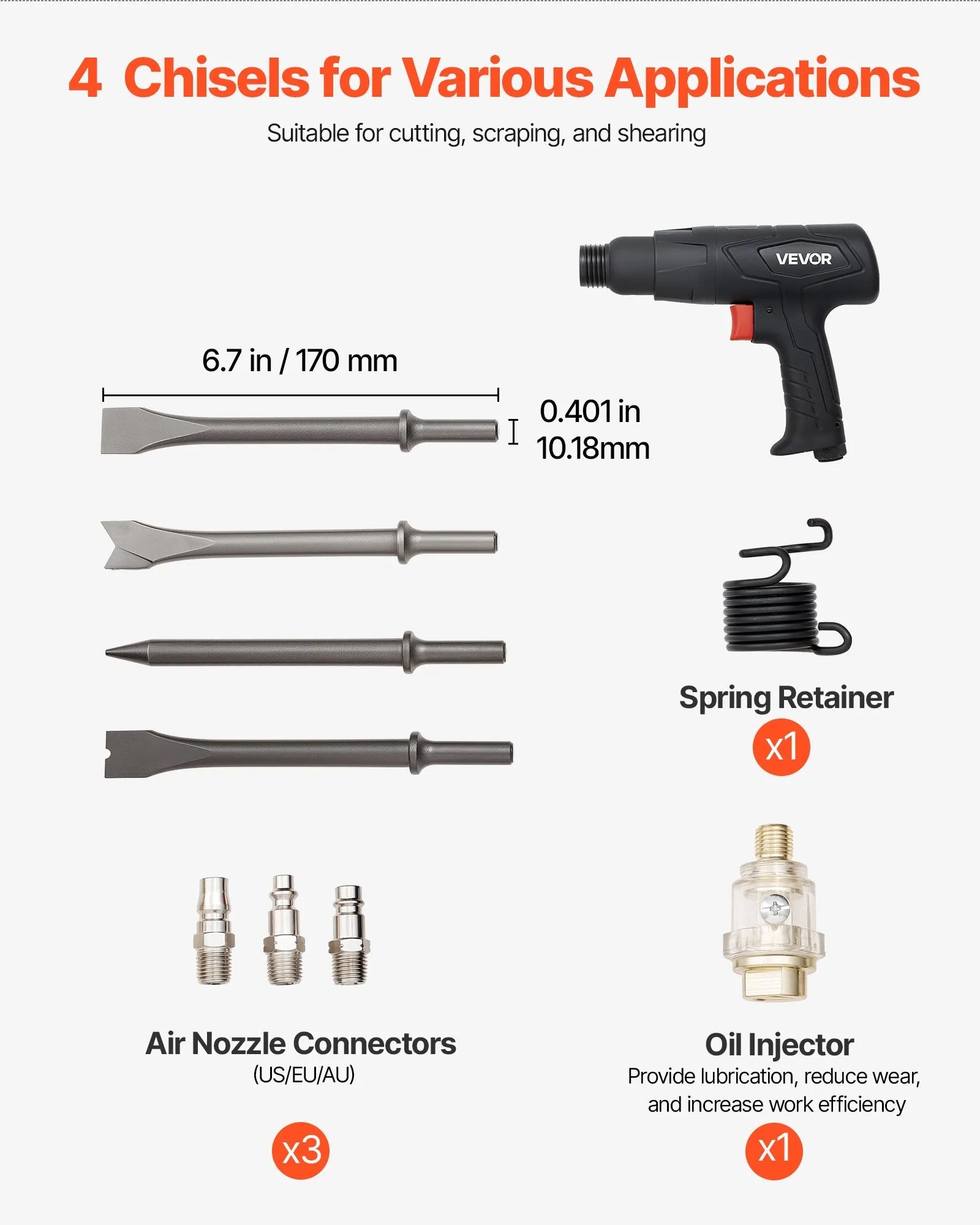 VEVOR Air Hammer, 2500-2700BPM Pneumatic Hammer with 2.76-inch Stroke & 4PCS 6.7" Long Barrel Chisels, Pistol-Grip Compact Air Chisel Pneumatic Shovel Tool for Cutting Scraping Demolishing 