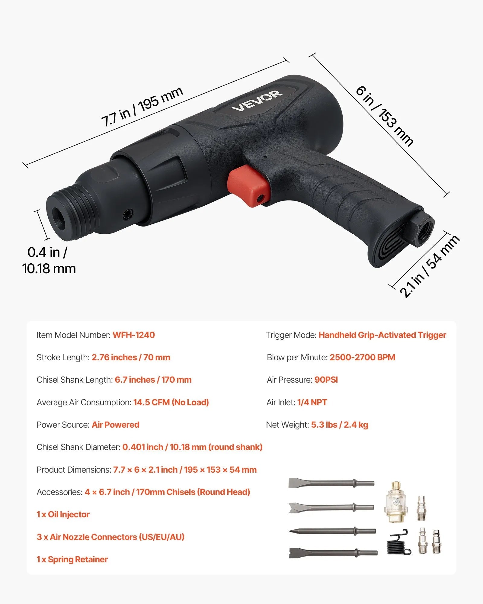 VEVOR Air Hammer, 2500-2700BPM Pneumatic Hammer with 2.76-inch Stroke & 4PCS 6.7" Long Barrel Chisels, Pistol-Grip Compact Air Chisel Pneumatic Shovel Tool for Cutting Scraping Demolishing 