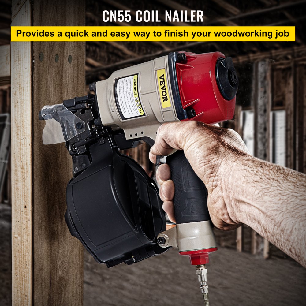 VEVOR Roofing Nail Gun CN55, Professional Coil Nailer from 1-Inch up to 2-1/4-Inch, Siding Nailer with Adjustable PC Magazine Coil Siding Nailer 15 Degree for Driving Roofing Nails Fast and Hard 