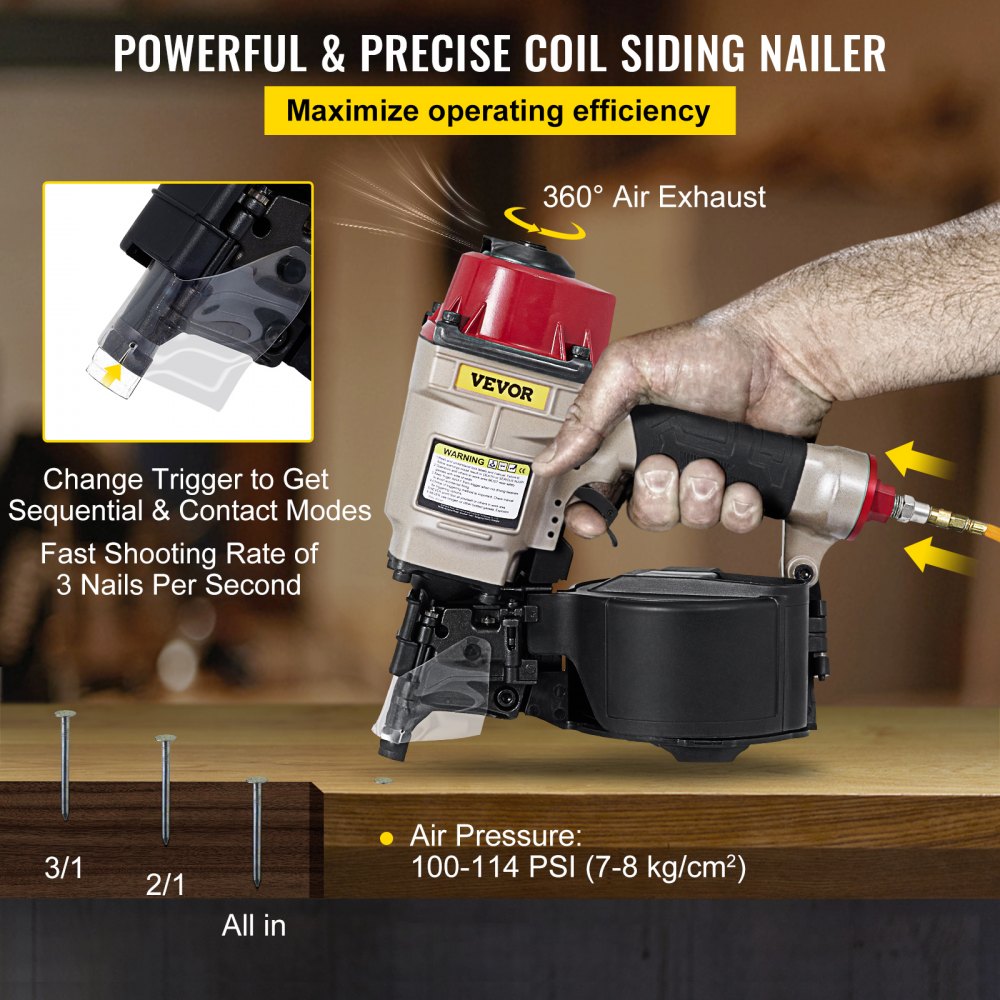 VEVOR Roofing Nail Gun CN55, Professional Coil Nailer from 1-Inch up to 2-1/4-Inch, Siding Nailer with Adjustable PC Magazine Coil Siding Nailer 15 Degree for Driving Roofing Nails Fast and Hard 