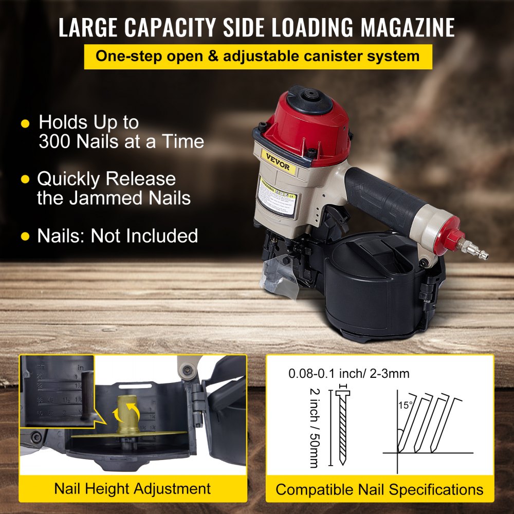 VEVOR Roofing Nail Gun CN55, Professional Coil Nailer from 1-Inch up to 2-1/4-Inch, Siding Nailer with Adjustable PC Magazine Coil Siding Nailer 15 Degree for Driving Roofing Nails Fast and Hard 