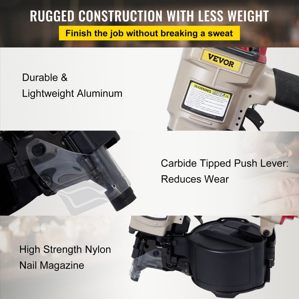VEVOR Roofing Nail Gun CN55, Professional Coil Nailer from 1-Inch up to 2-1/4-Inch, Siding Nailer with Adjustable PC Magazine Coil Siding Nailer 15 Degree for Driving Roofing Nails Fast and Hard 