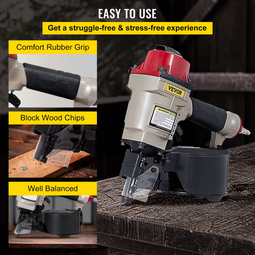 VEVOR Roofing Nail Gun CN55, Professional Coil Nailer from 1-Inch up to 2-1/4-Inch, Siding Nailer with Adjustable PC Magazine Coil Siding Nailer 15 Degree for Driving Roofing Nails Fast and Hard 