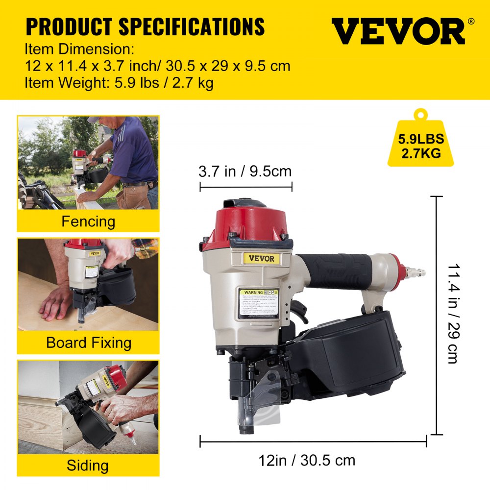 VEVOR Roofing Nail Gun CN55, Professional Coil Nailer from 1-Inch up to 2-1/4-Inch, Siding Nailer with Adjustable PC Magazine Coil Siding Nailer 15 Degree for Driving Roofing Nails Fast and Hard 