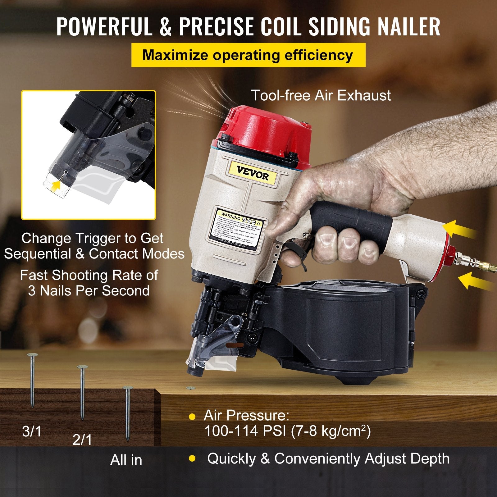 VEVOR Roofing Nail Gun CN70, Professional Coil Nailer from 1-3/4-Inch up to 2-3/4-Inch, Siding Nailer with Adjustable PC Magazine Coil Siding Nailer 15 Degree for Driving Roofing Nails Fast and Hard 