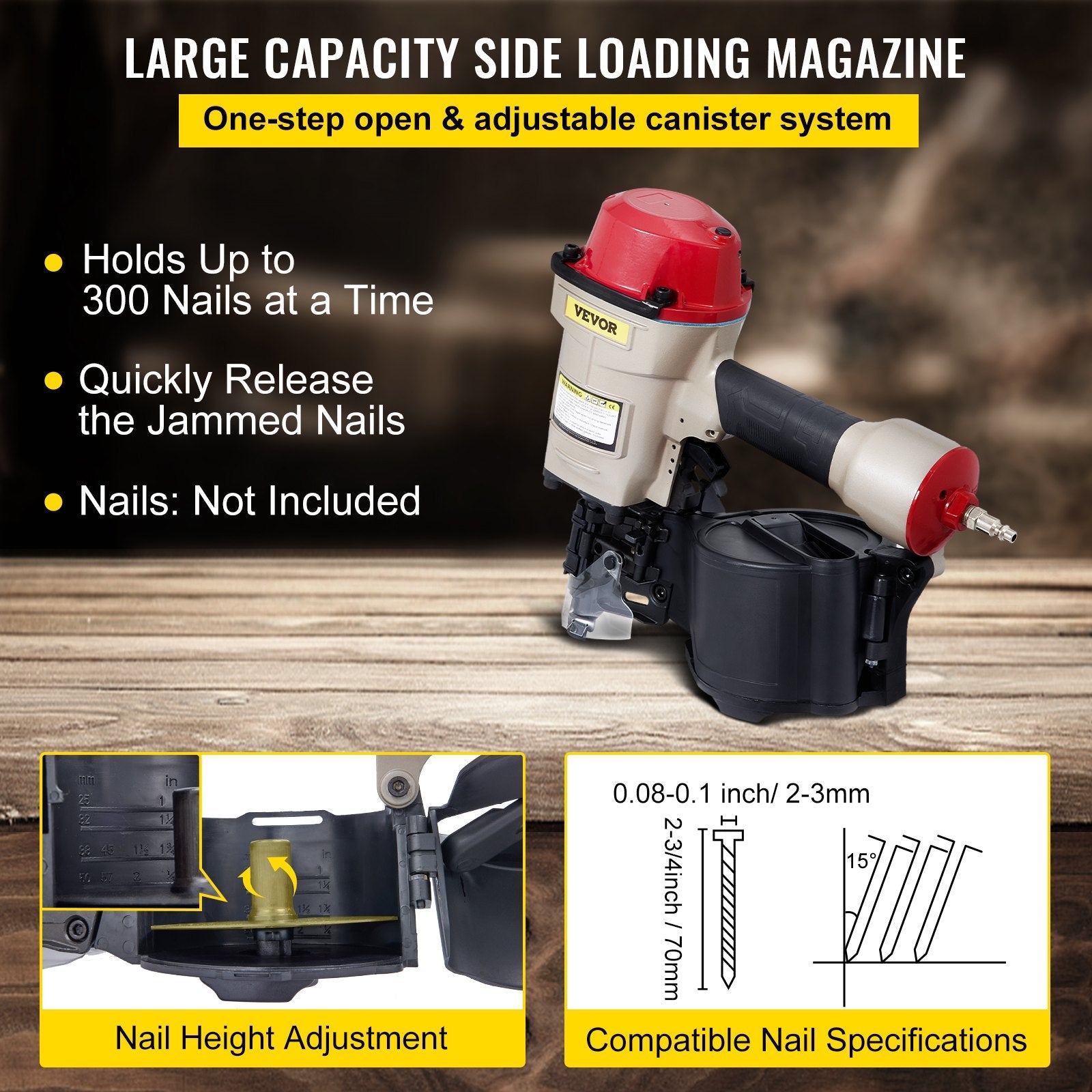 VEVOR Roofing Nail Gun CN70, Professional Coil Nailer from 1-3/4-Inch up to 2-3/4-Inch, Siding Nailer with Adjustable PC Magazine Coil Siding Nailer 15 Degree for Driving Roofing Nails Fast and Hard 