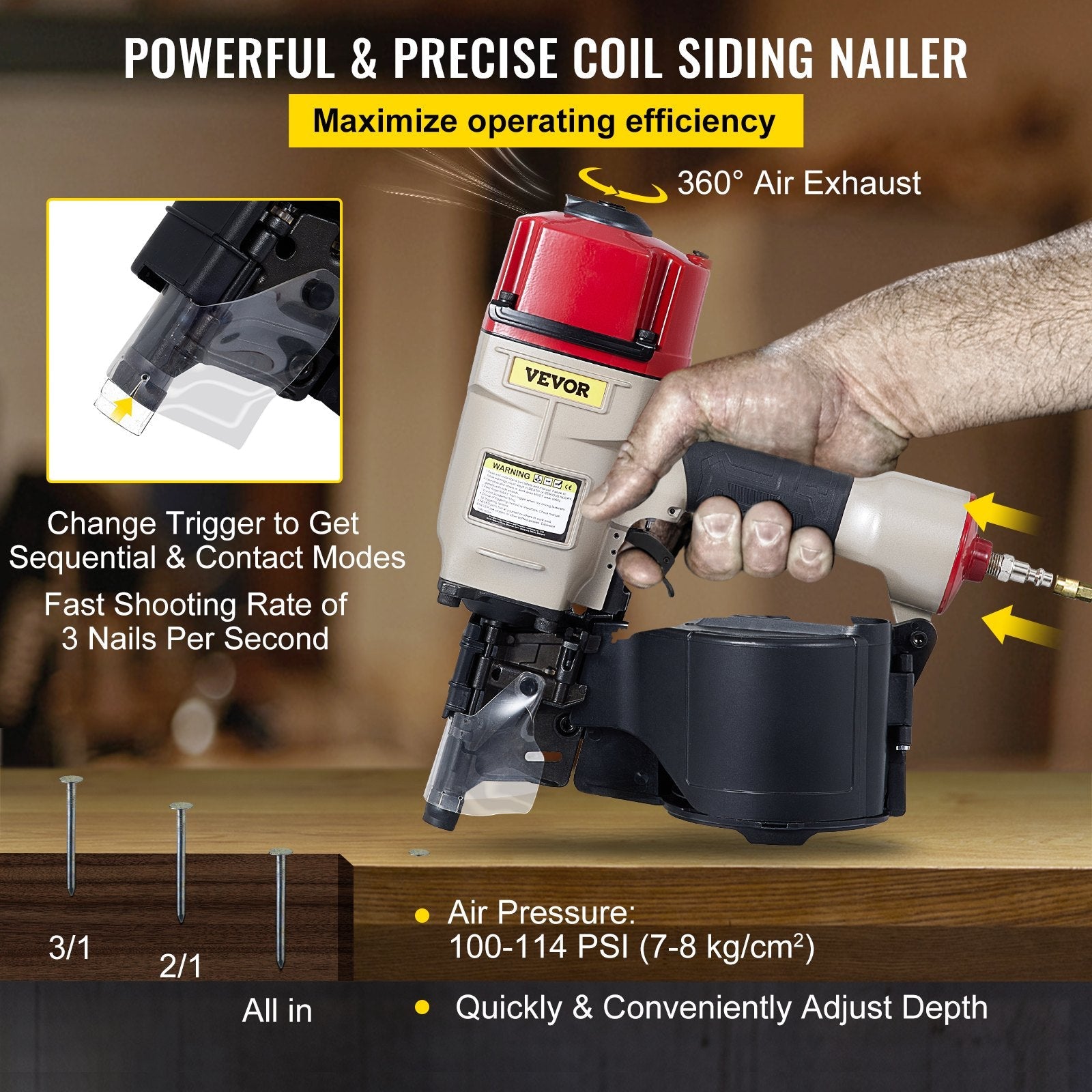 VEVOR Roofing Nail Gun CN80, Professional Coil Nailer from 2-Inch up to 3-1/4-Inch, Siding Nailer with Adjustable PC Magazine Coil Siding Nailer 15 Degree for Driving Roofing Nails Fast and Hard 