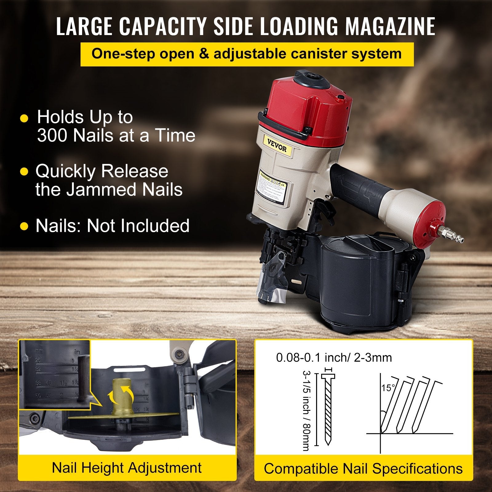 VEVOR Roofing Nail Gun CN80, Professional Coil Nailer from 2-Inch up to 3-1/4-Inch, Siding Nailer with Adjustable PC Magazine Coil Siding Nailer 15 Degree for Driving Roofing Nails Fast and Hard 