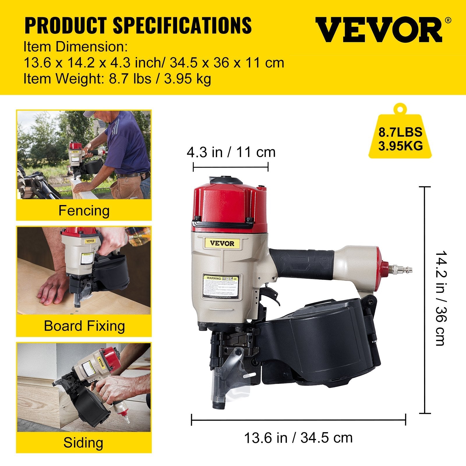 VEVOR Roofing Nail Gun CN80, Professional Coil Nailer from 2-Inch up to 3-1/4-Inch, Siding Nailer with Adjustable PC Magazine Coil Siding Nailer 15 Degree for Driving Roofing Nails Fast and Hard 