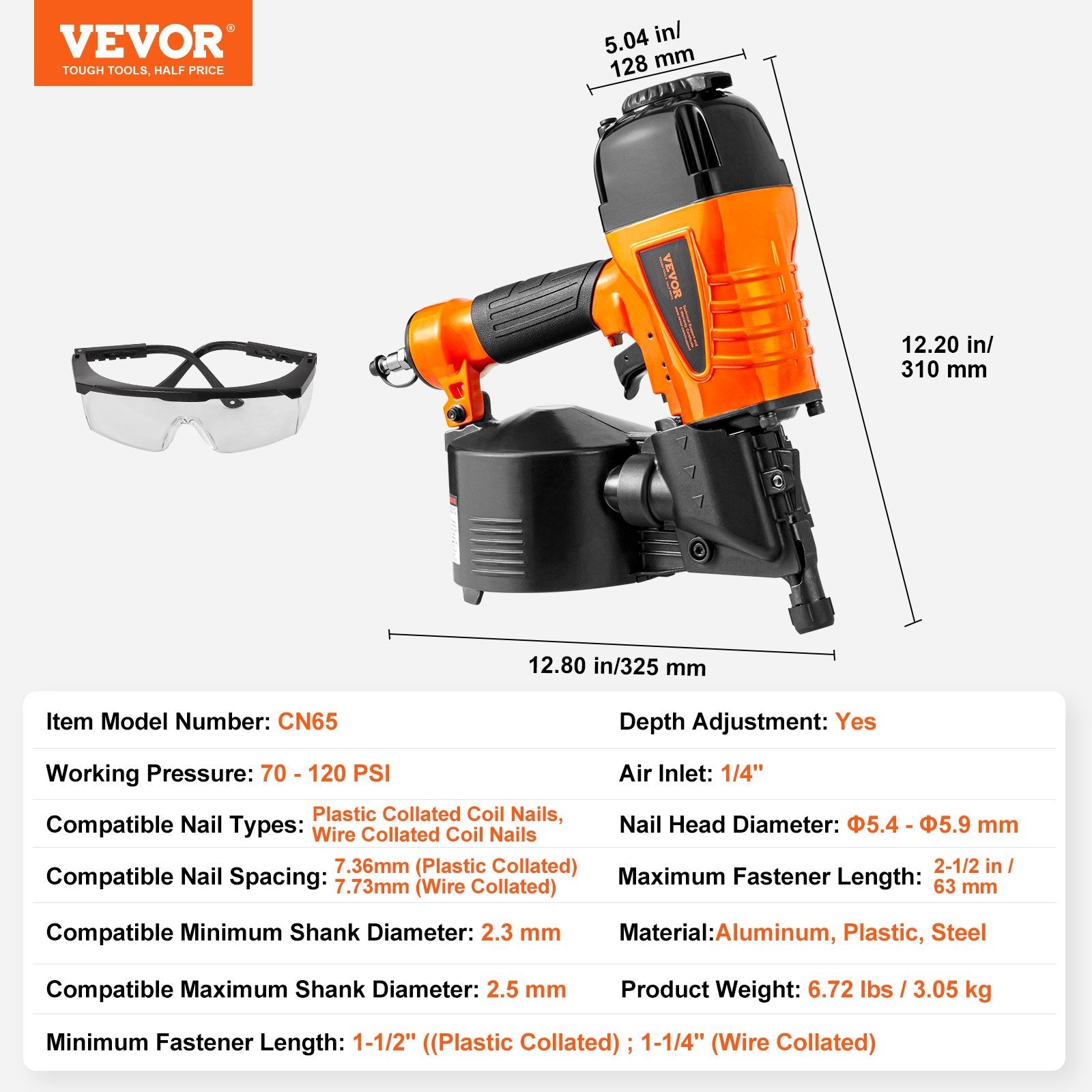 VEVOR CN65 Coil Siding Nailer 1-1/4" to 2-1/2" 15 Degree Pneumatic Nail Gun 